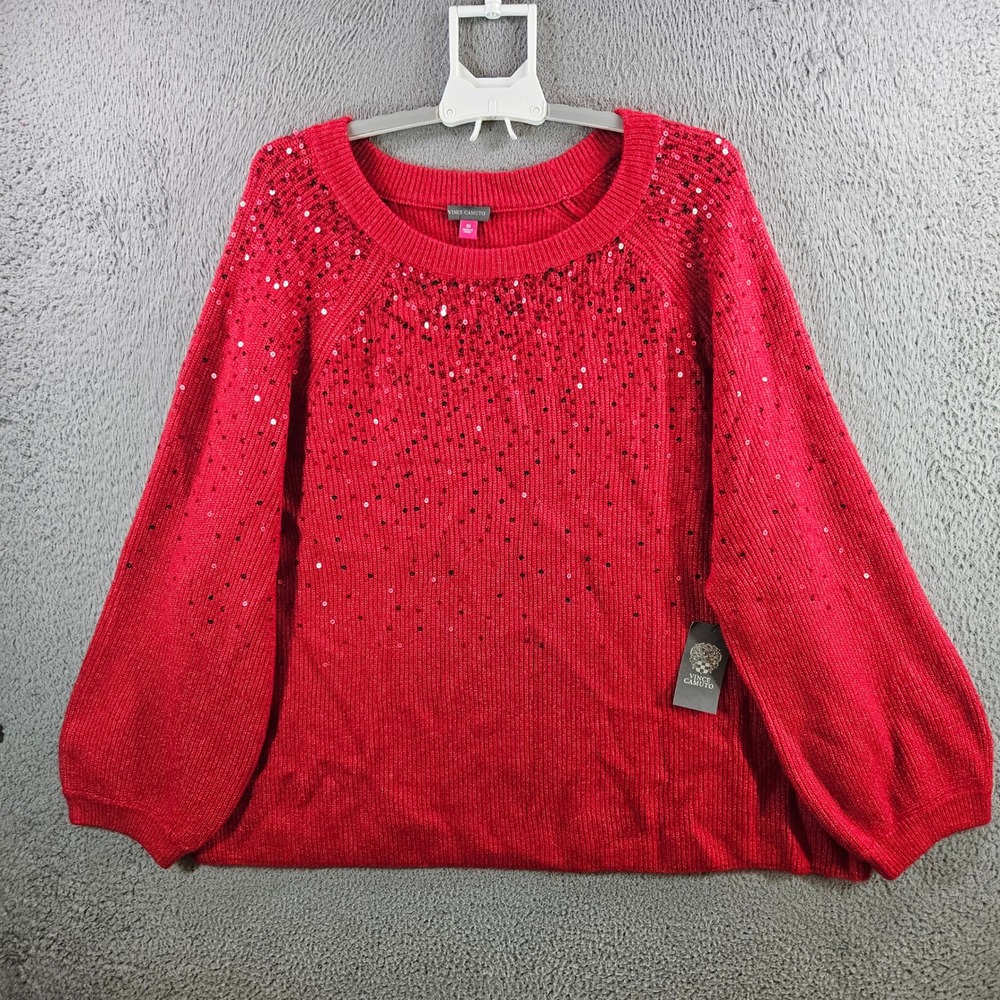 Vince Camuto Red Sequin Balloon Sleeve Ribbed Sweater Plus Size 3X NEW